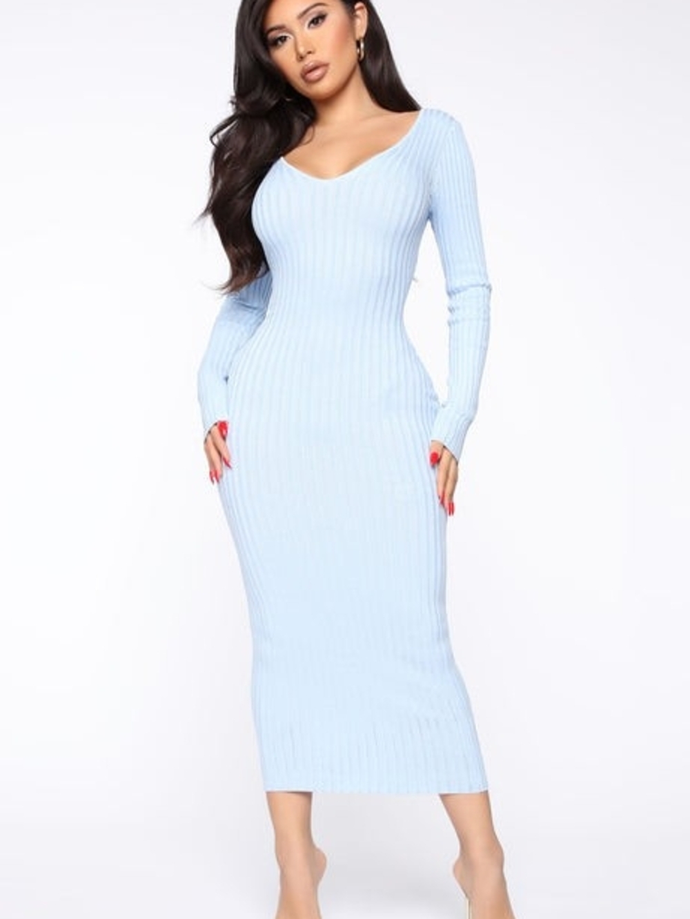 Fashion Nova Light Blue Ribbed Long-Sleeve Scoop Neck Midi Dress